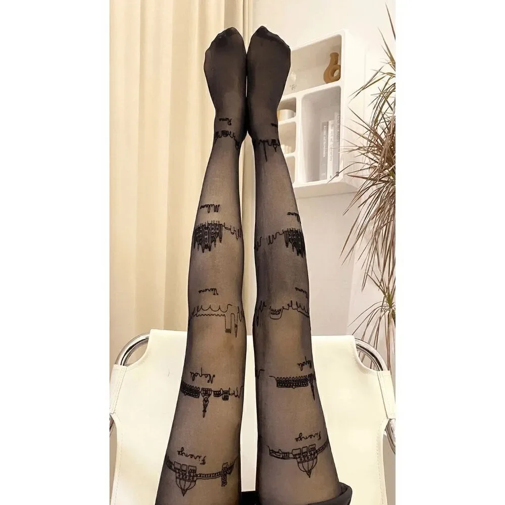 🏙️ Travel Cities Tattoo Printed Tights Black Sheer Nylon Pantyhose Hosiery NEW